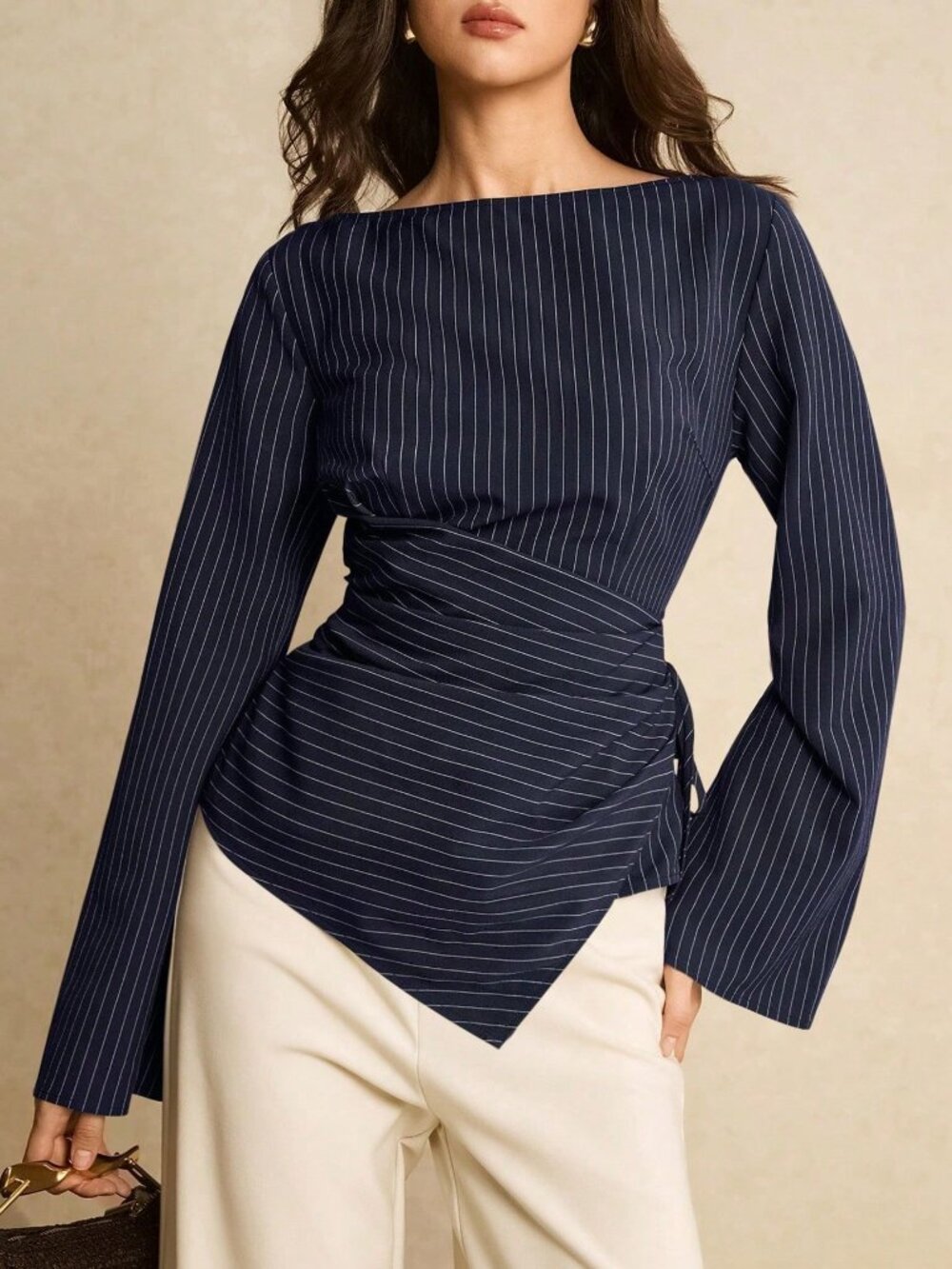 Navy Blue Casual Women's Ruched Asymmetrical Boat Neck Slim Fit Shirt Blouse Top